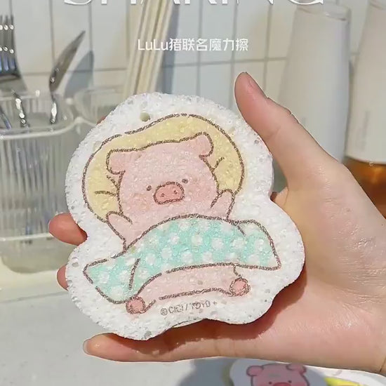 【川島屋】正版現貨 lulu豬 木漿棉洗碗海綿擦 加厚刷碗盤海綿擦 環保材質 高效清潔海綿塊 送禮 商品影片