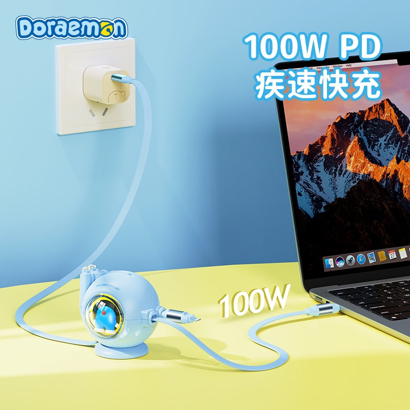 【洛克空間】正版現貨 哆啦A夢 桌面炮臺快充 雙伸縮數據線 吸睛擺件 100W 雙口 能同時快充 快充線 傳輸線 充電線 商品圖片 6