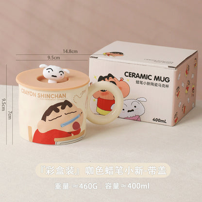 【曙曦】正版現貨 蠟筆小新 帶蓋馬克杯 陶瓷 小白 硅膠蓋 睡衣小新 超高吸睛率 新之助 規格圖片 2
