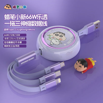 【衛青】現貨 蠟筆小新 3合1 伸縮數據線 伸縮充電線 充電線 快充 蘋果 typec USB 安卓 三合一 新之助 規格圖片 2