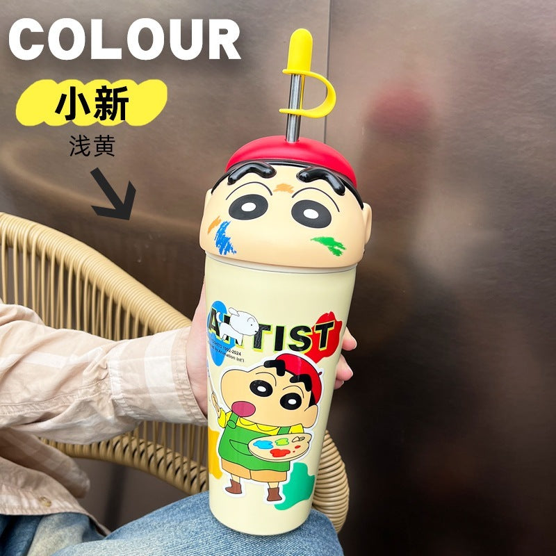 【現貨】正版 蠟筆小新 桌面冰霸杯 保冰 600ml保溫杯 超大公仔蓋子 帶吸管 動感超人 新之助 小白 萌兔兔 規格圖片 2