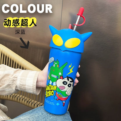 【現貨】正版 蠟筆小新 桌面冰霸杯 保冰 600ml保溫杯 超大公仔蓋子 帶吸管 動感超人 新之助 小白 萌兔兔 規格圖片 3